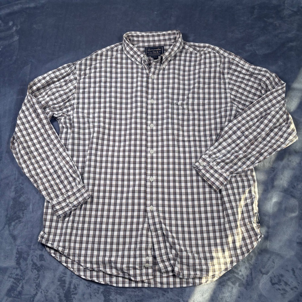 Abercrombie & Fitch Mens XL Plaid Button Down Shirt Cotton Navy White Orange